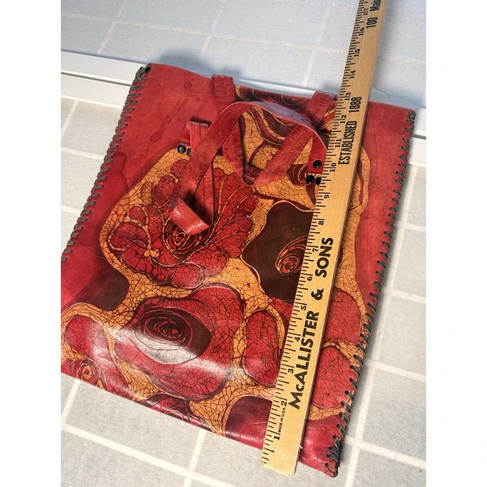 ⁠Vintage 70s Hand Tooled Floral Leather Tote Bag Red Whipstitch Boho Shoulder⁠